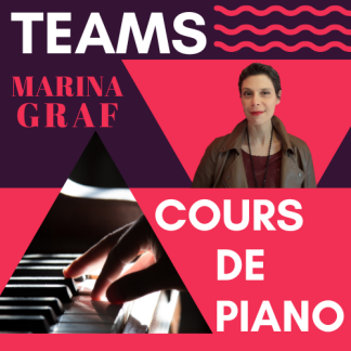 Affiche promotionnelle pour des cours de piano en ligne avec Marina Graf. En haut à gauche, le mot « TEAMS » est écrit en grandes lettres blanches sur fond violet foncé, accompagné de vagues décoratives roses. En dessous, le nom « Marina Graf » apparaît en rouge foncé. À droite, photo de Marina Graf, souriante, vêtue d’une veste marron et d’un collier, sur fond rouge vif. En bas à gauche, une photo montre une main jouant sur les touches d’un piano éclairé. À droite, en grandes lettres blanches, le texte « COURS DE PIANO ».