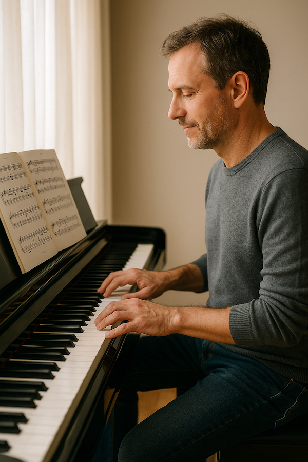 Un homme d’âge moyen, brun grisonnant, vêtu d’un pull gris et d’un jean, est assis devant un piano droit noir. Il joue avec concentration en posant ses mains sur le clavier, tandis qu’une partition ouverte repose sur le pupitre. La lumière naturelle, douce et chaude, entre par une grande fenêtre recouverte de rideaux clairs, éclairant son visage serein et l’instrument.