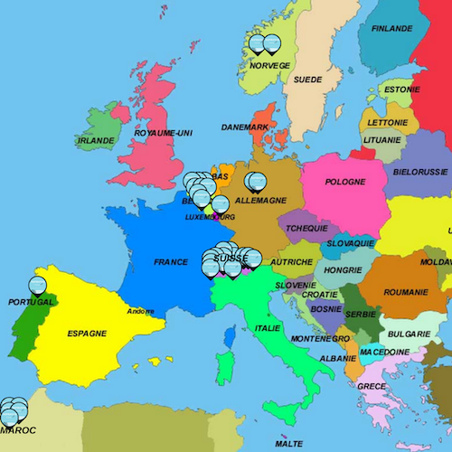 Carte de l’Europe et du Maghreb avec des pictogrammes de montgolfières bleues signalant les pays où le livre Inspiration Piano de Marina Graf est présent. Points visibles en France, Suisse, Allemagne, Luxembourg, Belgique, Norvège, Italie, Portugal et Maroc.