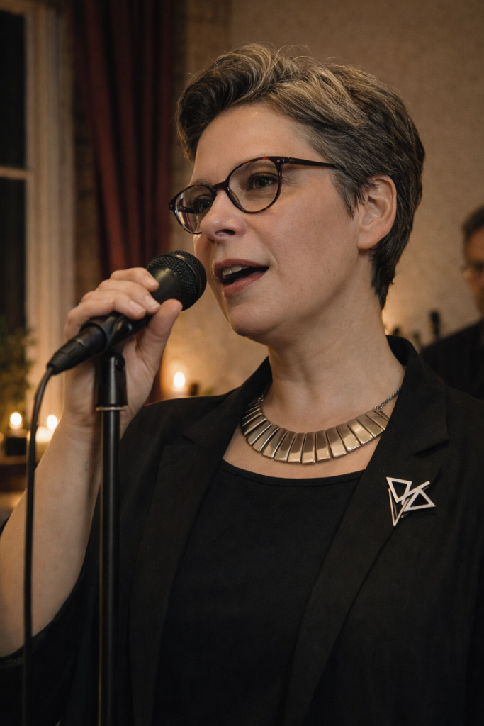 Gros plan de Marina Graf chantant dans un microphone, lors d’un concert intimiste. Elle porte une tenue noire élégante et un collier graphique, les yeux légèrement tournés vers le public. L’éclairage chaud et les bougies en arrière-plan créent une ambiance chaleureuse et émotionnelle.