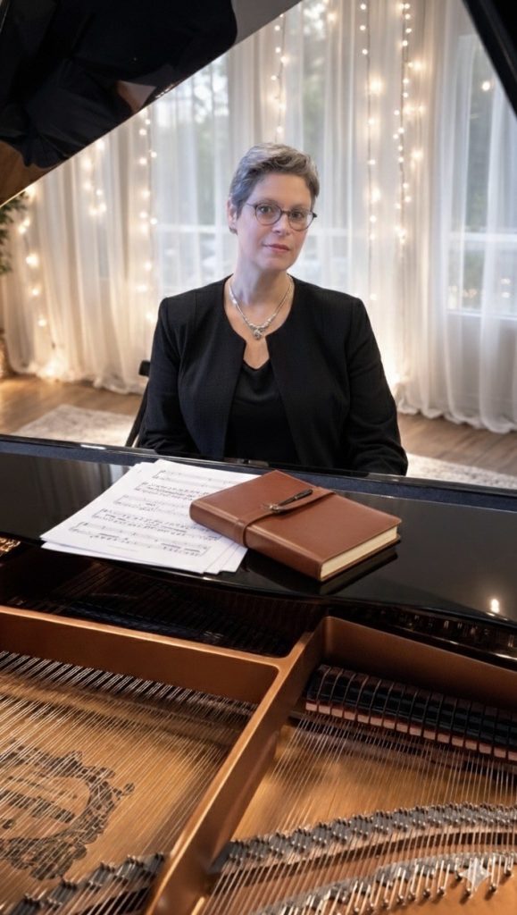 Marina Graf est assise au piano à queue ouvert, face à l’objectif. Sur le piano, une partition et un carnet en cuir sont posés. Derrière elle, un rideau blanc illuminé de guirlandes lumineuses crée une atmosphère douce et professionnelle, évoquant le travail musical et la création artistique.
