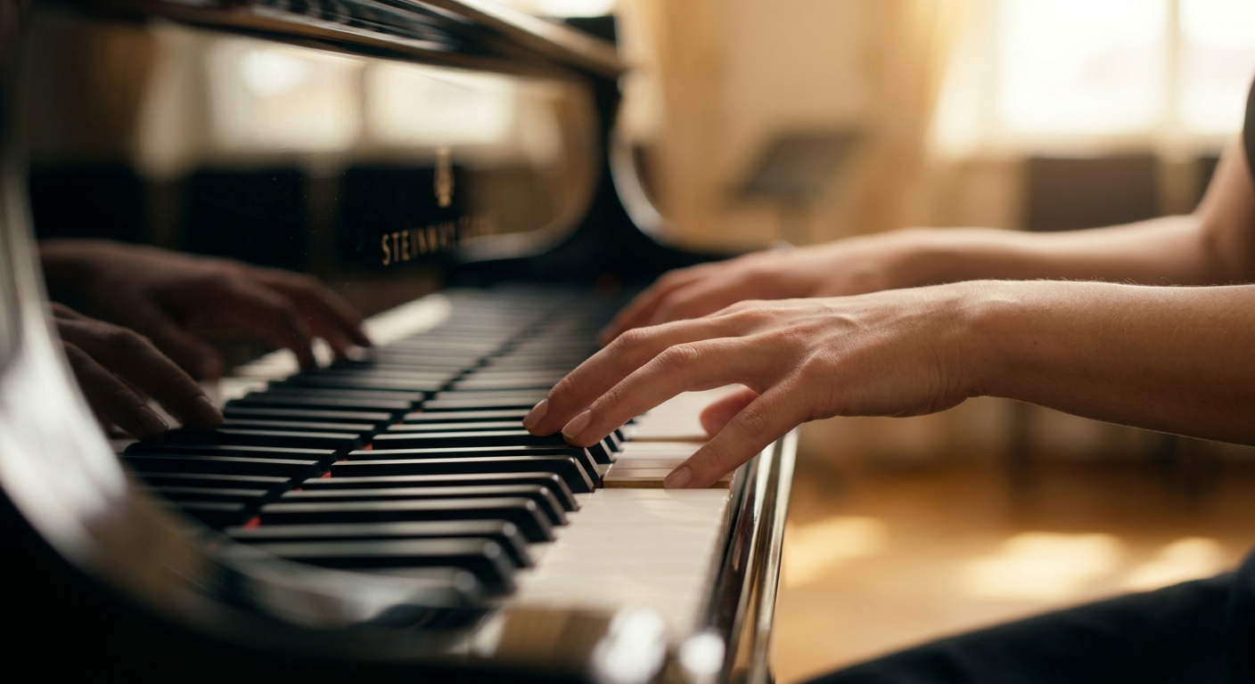 Gros plan sur les mains de Marina Graf jouant du piano à queue, doigts posés avec précision sur les touches noires et blanches, reflet des mains visible sur le vernis du piano, ambiance chaleureuse et lumineuse évoquant la pratique pianistique et l’interprétation musicale.